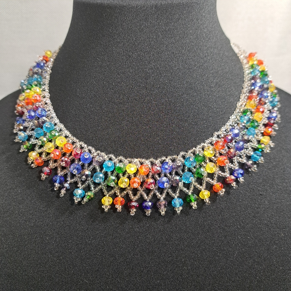 Handmade Women's Choker Necklace Clear‎ & Rainbow Colors Beads Size 9 Inches
